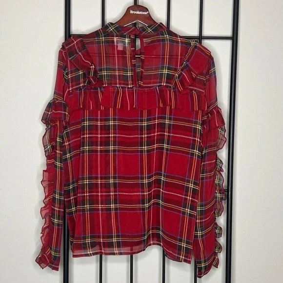 Mudpie Tartan Plaid Sheer Ruffle Chiffon Blouse Sz M - Picture 2 of 12